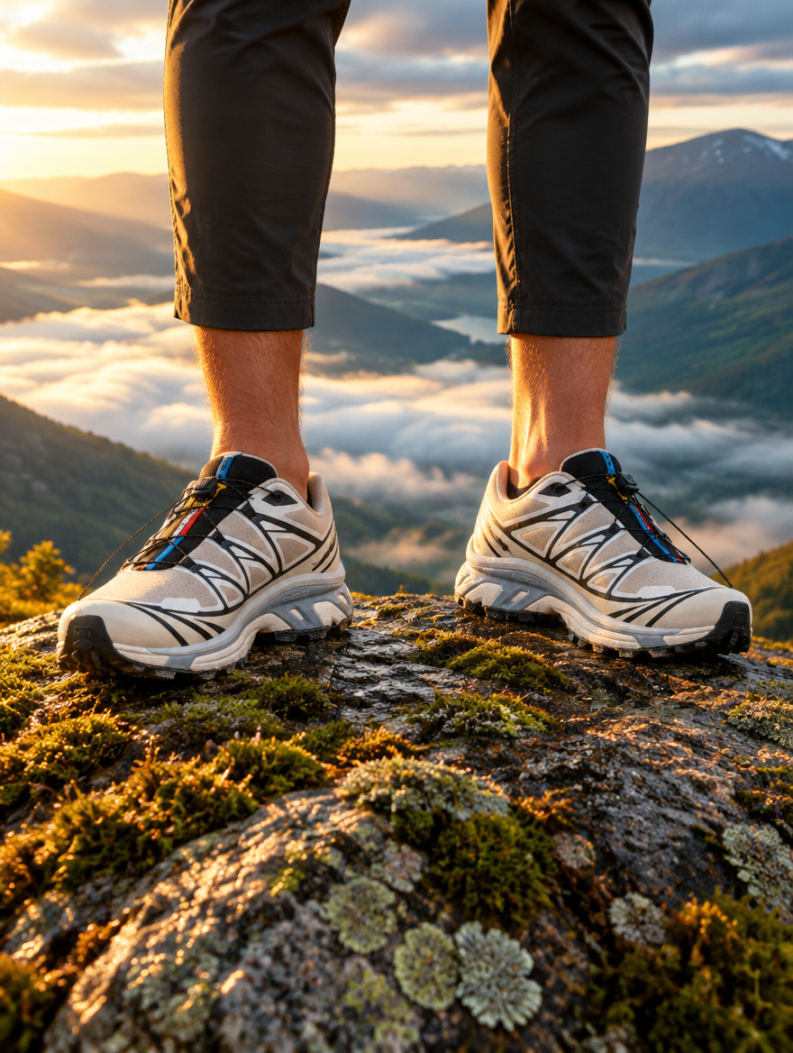 Trail running shoes planted on a mossy granite ridge above a valley of low cloud at sunrise